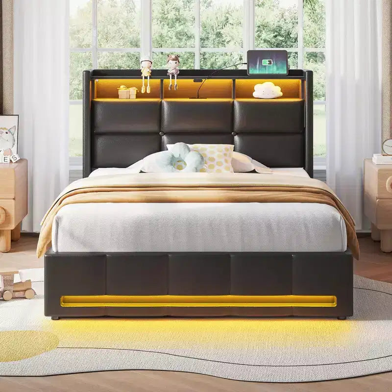 Greenstell Upholstered Lift Storage Bed with LED Lights & Charging Station, Modern Platform Bed, Heavy Duty Wooden Slats