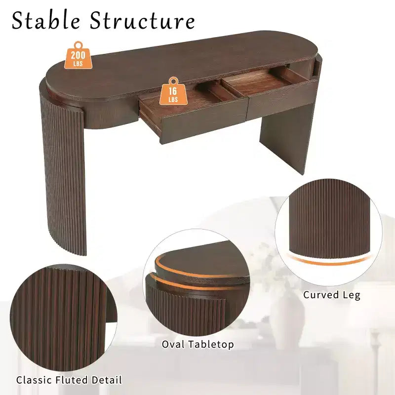 Oval-Top Console Table with Fluted Curved Legs & Dual Hidden Drawers