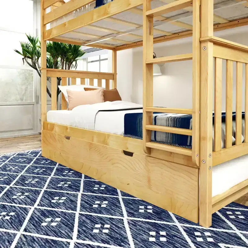 Twin over Twin Bunk Bed with Trundle, Solid Wood, Sleeps 3 – Blue / Espresso / Natural / Pecan / Walnut / White