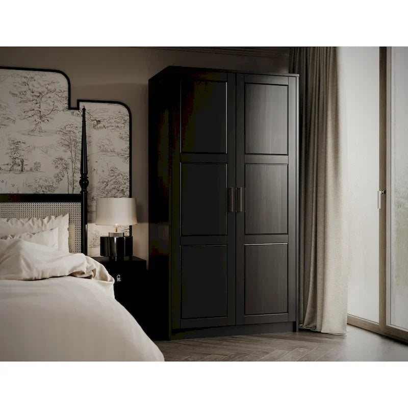 2-Door Solid Pine Wood Wardrobe Armoire with Clothing Rod & Adjustable Shelf – White / Black / Gray, Solid Wood or Mirrored Doors, Single