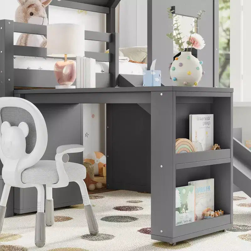 Twin Size Loft Bed with 3 Drawers & Storage Stair, Wooden House-style Bed Frame with Slide and Remevoable Desk
