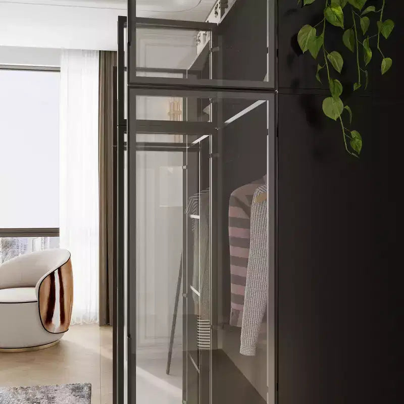 118" Floor-to-Ceiling Black Armoire Wardrobe with 3-Color LED Lights & Tempered Glass Doors