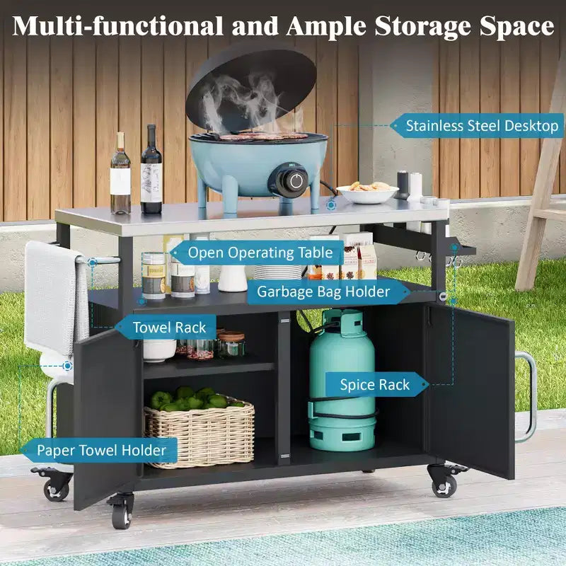 54.5" Outdoor Kitchen Island with Stainless Steel Top, Spice & Towel Rack, Black
