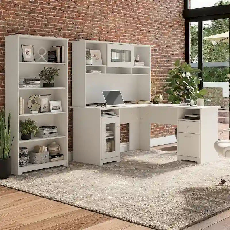 60" L-Shaped Computer Desk with Hutch, 5-Shelf Bookcase & File Drawer, 200 lb Desktop Capacity