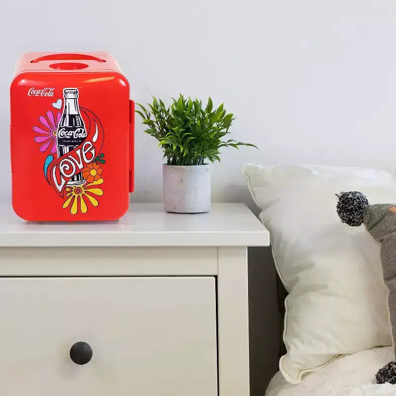 Coca-Cola Love 1971 Series 4L Cooler/Warmer 12V DC 110V AC Mini Fridge: Desktop Coke Fridge, Countertop, 6 Can Capacity