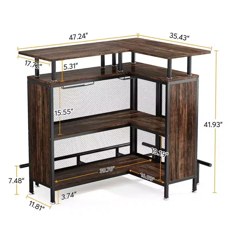 L-Shaped Corner Home Bar Cabinet with Wine Glass Racks and Footrest