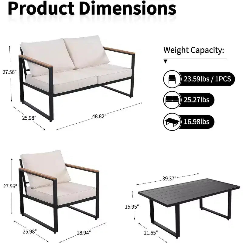 Outdoor Metal Patio Furniture Sets of 4, Outside Seating Furniture with Loveseat and Coffee Table, for Porch, Apartments, Garden