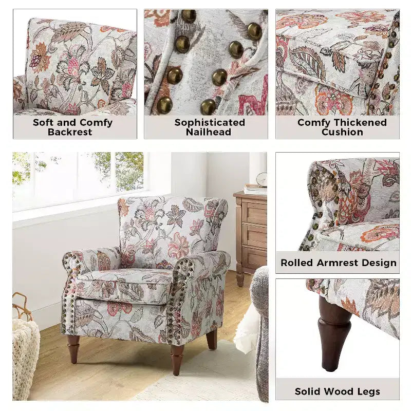 Traditional Wooden Upholstered Floral Armchair with Wingback and Nailhead Trim