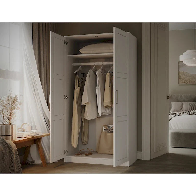 2-Door Solid Pine Wood Wardrobe Armoire with Clothing Rod & Adjustable Shelf – White / Black / Gray, Solid Wood or Mirrored Doors, Single