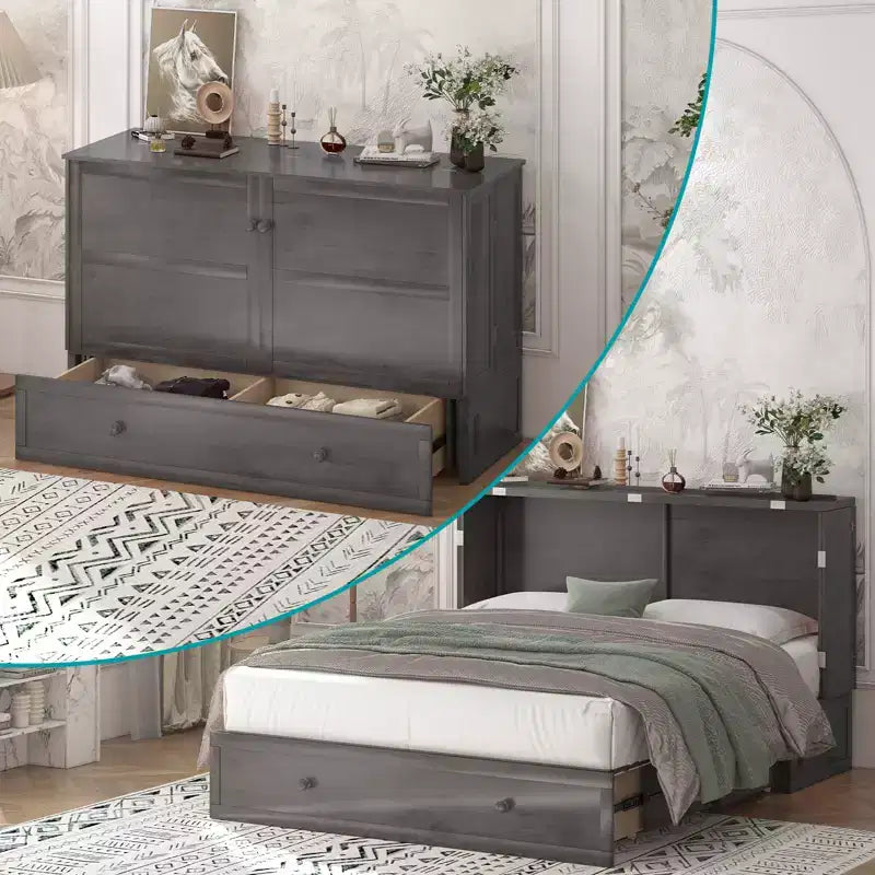 Murphy Bed Cabinet, Modern Murphy Bed Queen with Mattress, Built-in USB Charging Station & Drawers