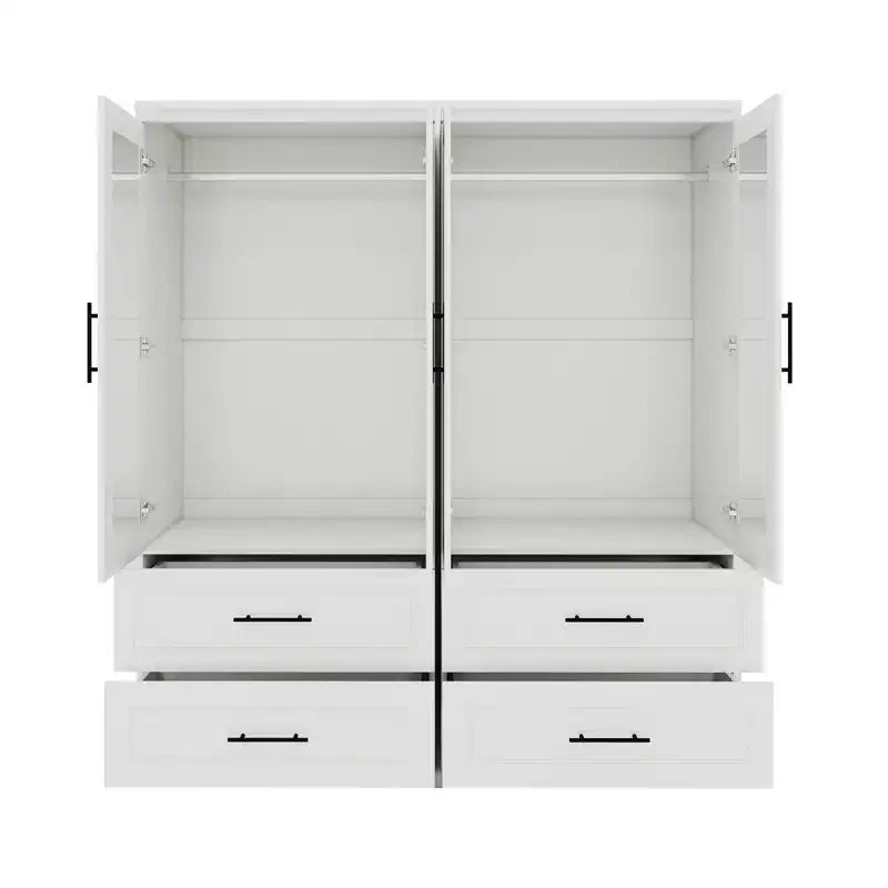 White Wood 63-Inch Armoire with 4 Drawers and 4 Doors, Bedroom Wardrobe Cabinet