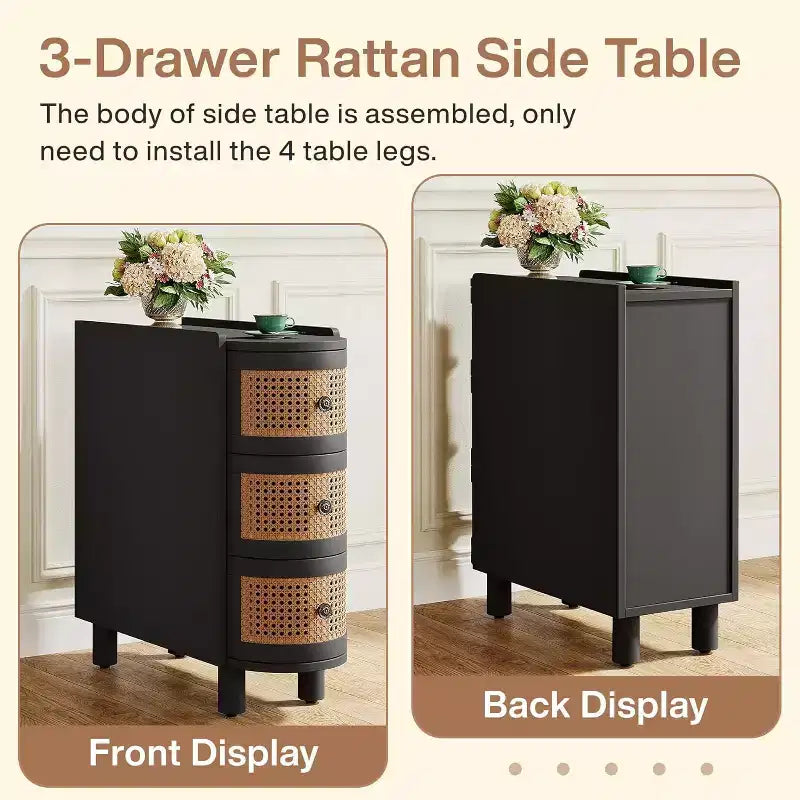 Lantine Solid Wood End Table with 3 Rattan Drawers and Exquisite Embossed Handles, No Assembly Required