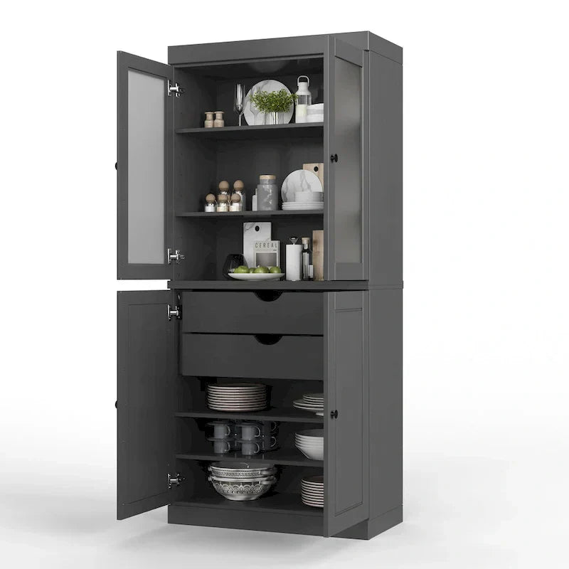 100% Solid Wood Pantry Cabinet with Frosted Glass Doors, Solid Doors, 2-Drawers and Adjustable Shelves