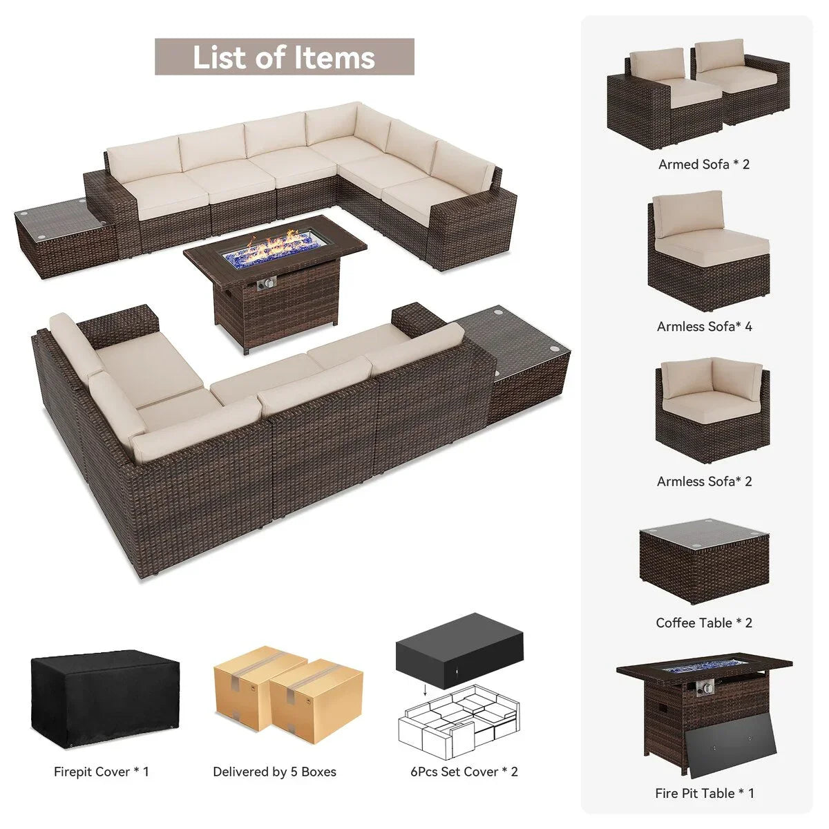 13 Pieces Patio Furniture Set with 44Fire Pit Table