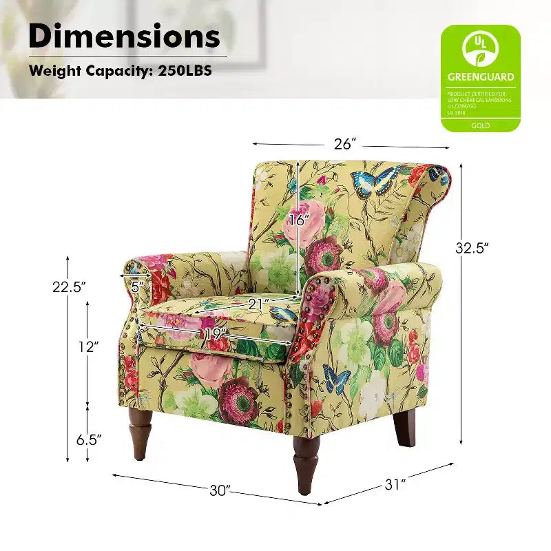 Traditional Wooden Upholstered Floral Armchair with Wingback and Nailhead Trim