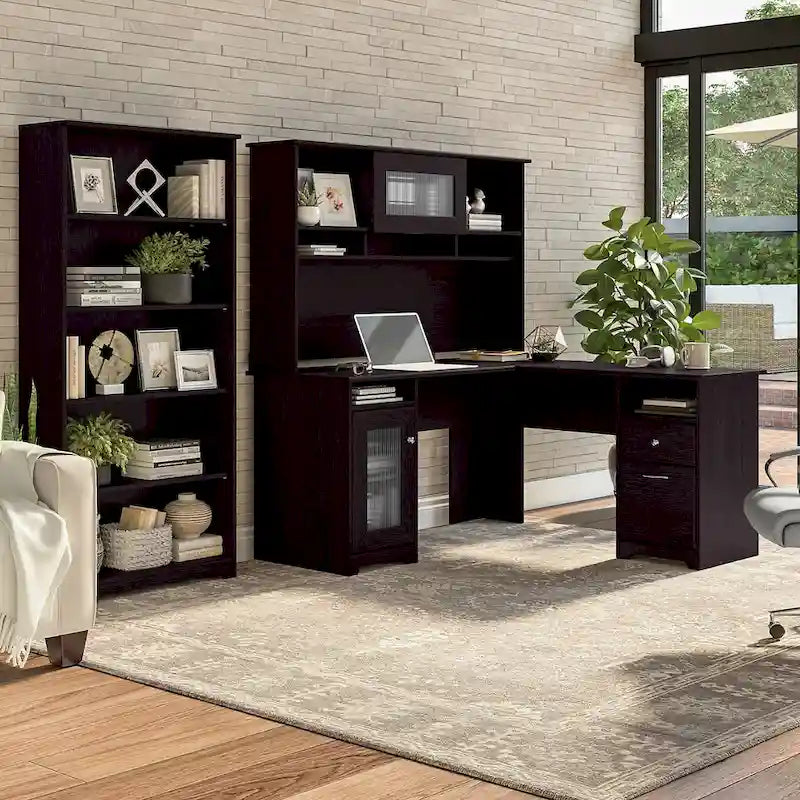 60" L-Shaped Computer Desk with Hutch, 5-Shelf Bookcase & File Drawer, 200 lb Desktop Capacity