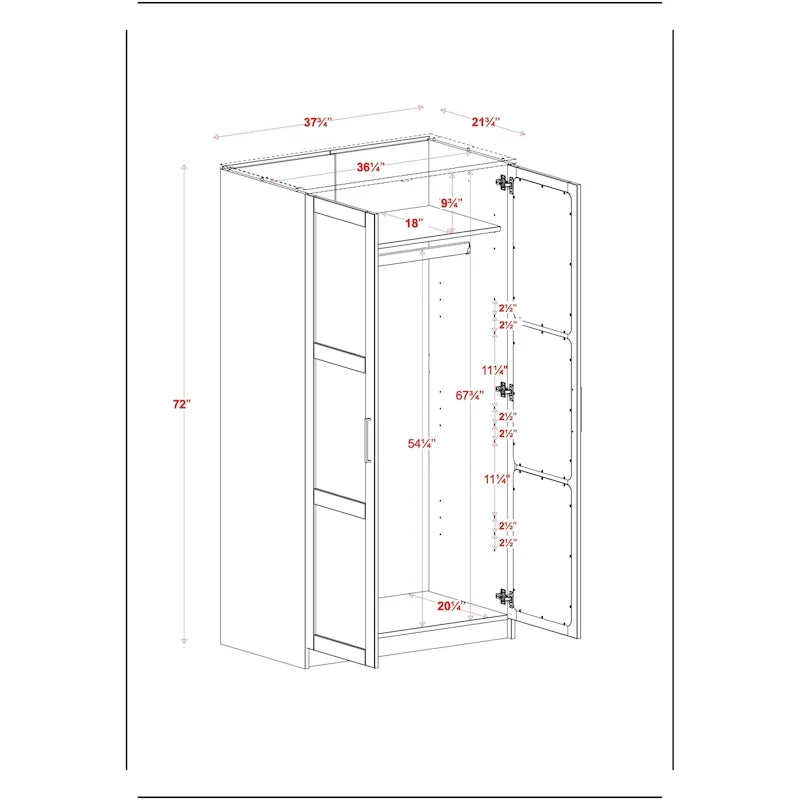 2-Door Solid Pine Wood Wardrobe Armoire with Clothing Rod & Adjustable Shelf – White / Black / Gray, Solid Wood or Mirrored Doors, Single