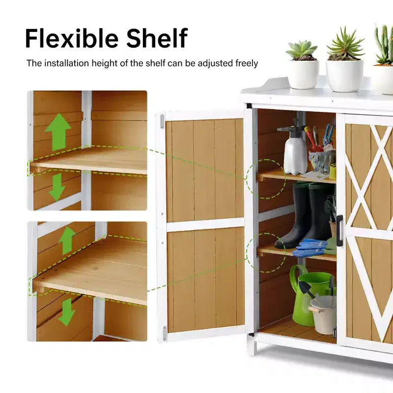 Waterproof storage cabinet, wooden garden workbench with 2 removable shelves, galvanized metal tabletop, suitable for indoor and outdoor use.