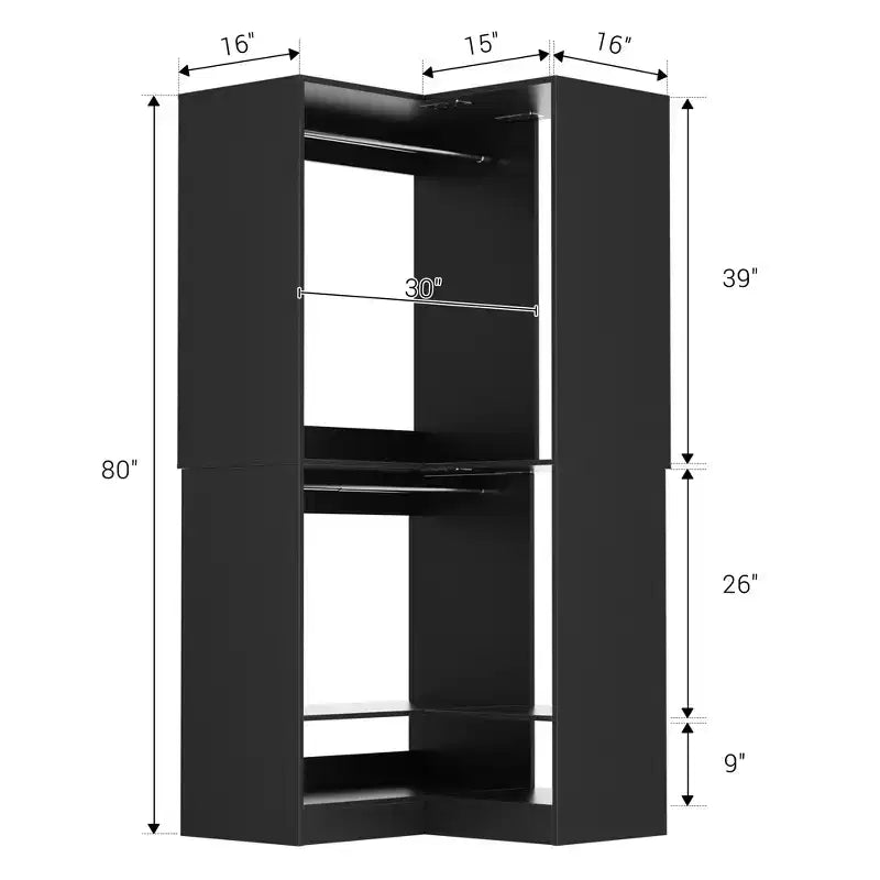Besiost Freestanding Corner Closet System with 2 Hanging Rods and Shoes Shelf
