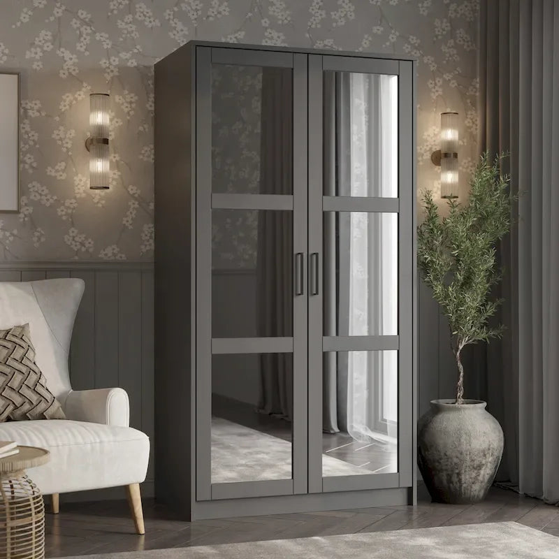 2-Door Solid Pine Wood Wardrobe Armoire with Clothing Rod & Adjustable Shelf – White / Black / Gray, Solid Wood or Mirrored Doors, Single