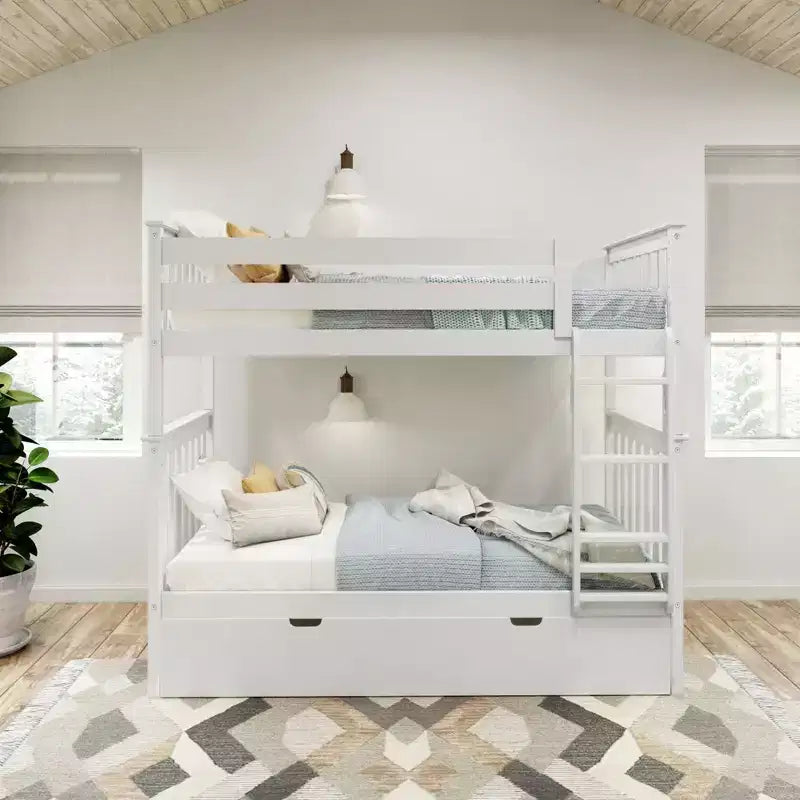 Twin over Twin Bunk Bed with Trundle, Solid Wood, Sleeps 3 – Blue / Espresso / Natural / Pecan / Walnut / White