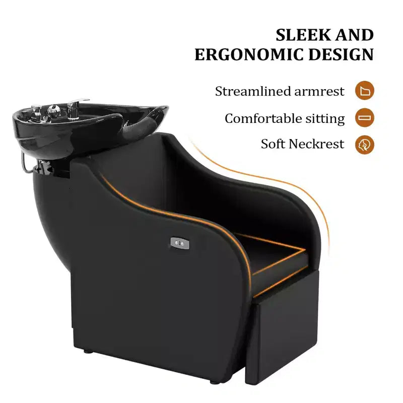 Karl Home Electric Shampoo Bowl and Chair Backwash Unit with Reclining Legrest and Tilting Porcelain Shampoo Sink