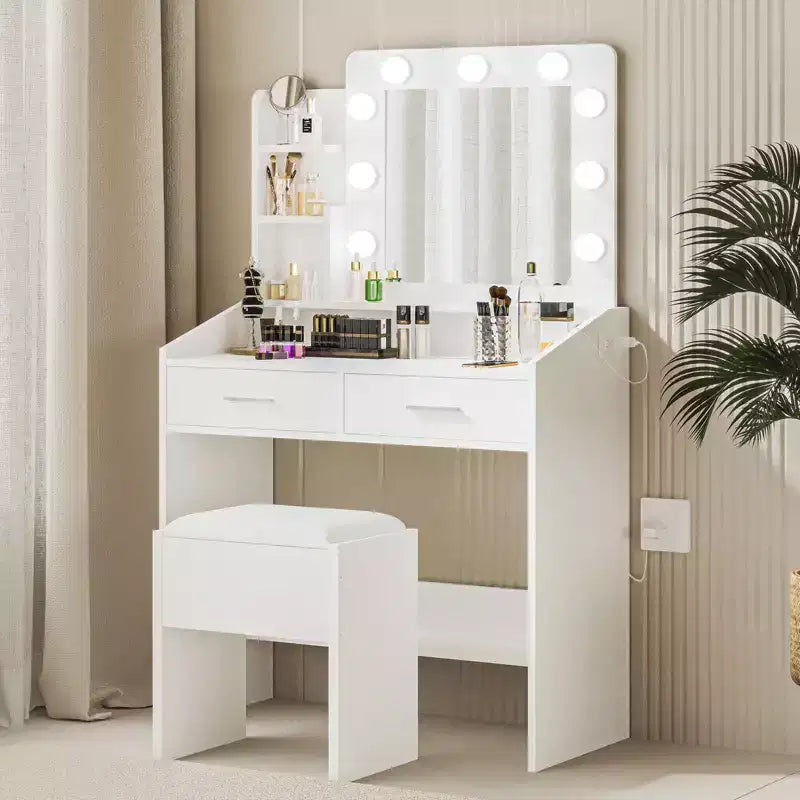 Vanity Desk with Mirror and Lights, Makeup Vanity with Power Outlet & Cushioned Stool, 3 Lighting Modes Adjustable Brightness, Dressing Table