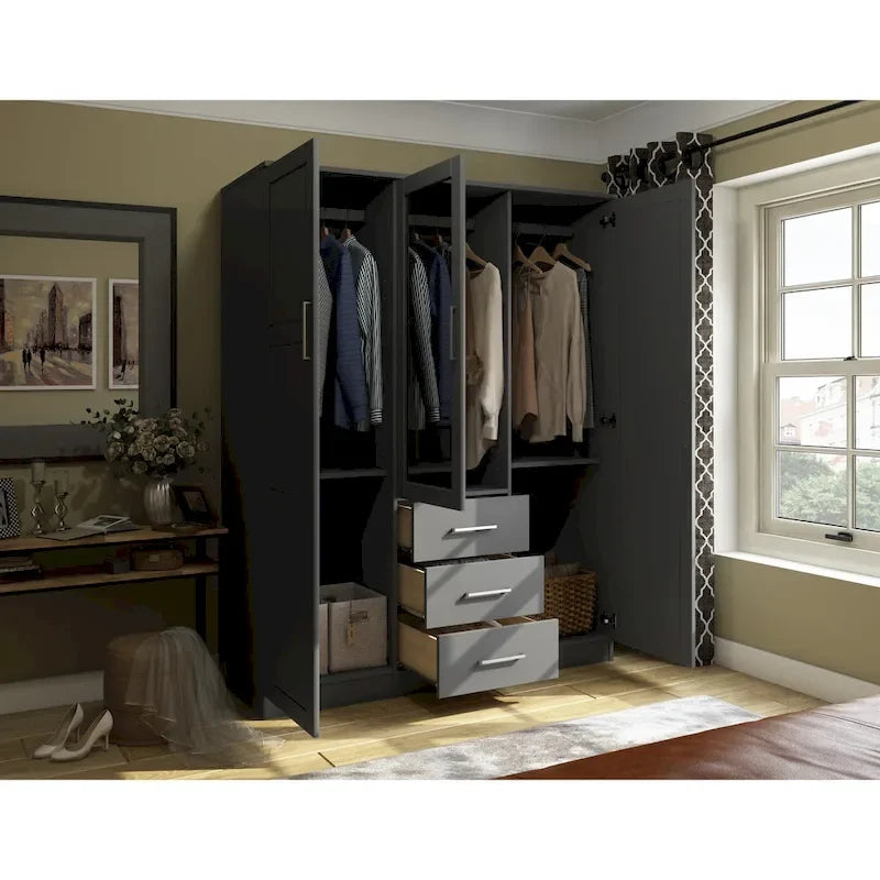 3-Door Solid Pine Wood Wardrobe Armoire, 72"H x 56"W, Mirrored or Panel Door, 3 Clothing Rods
