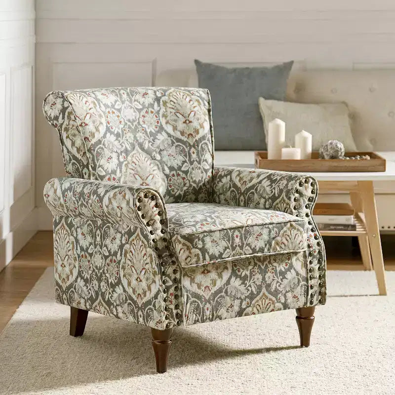Traditional Wooden Upholstered Floral Armchair with Wingback and Nailhead Trim