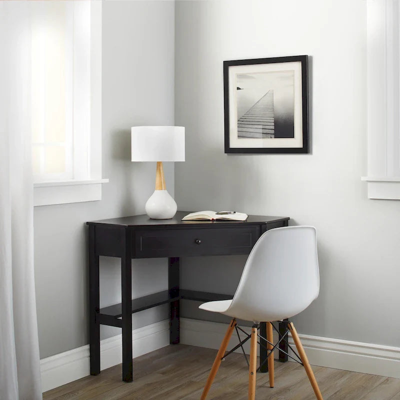 Corner Computer Desk with Drawer & Lower Shelf, Solid Wood & MDF, 42"W x 28"D x 30"H