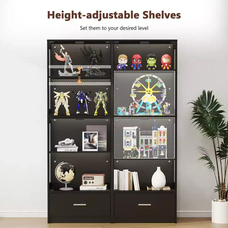 Skyzoo 5-Tier Glass Display Cabinet with LED Lights & Adjustable Shelves & 1 Drawer, Curio Cabinet for Home & Office