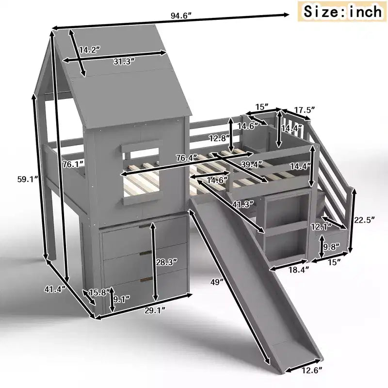 Twin Size Loft Bed with 3 Drawers & Storage Stair, Wooden House-style Bed Frame with Slide and Remevoable Desk