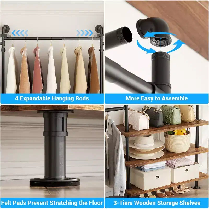 Besiost Industrial Pipe Clothing Rack, 7.3-10.9Ft Wall Mounted Closet System