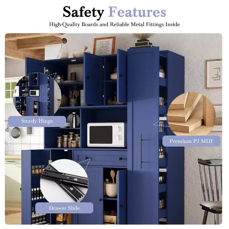 Kitchen Pantry Cabinet with Hutch and Pull-Out Side Cabinet