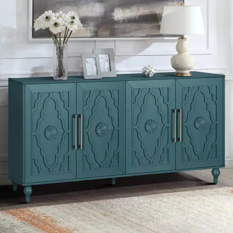 Large Storage Cabinet with Metal Handle, Carved Flower Doors, Wooden Mordern Sideboard Console with Adjustable Shelves