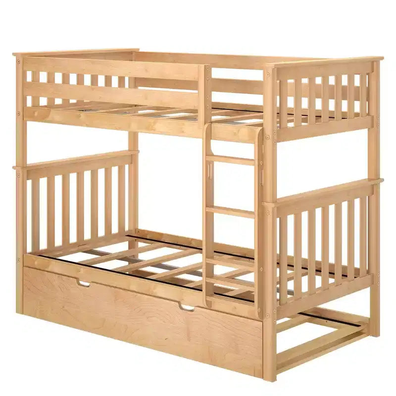 Twin over Twin Bunk Bed with Trundle, Solid Wood, Sleeps 3 – Blue / Espresso / Natural / Pecan / Walnut / White