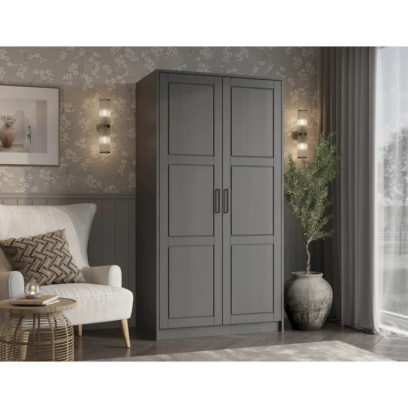 2-Door Solid Pine Wood Wardrobe Armoire with Clothing Rod & Adjustable Shelf – White / Black / Gray, Solid Wood or Mirrored Doors, Single