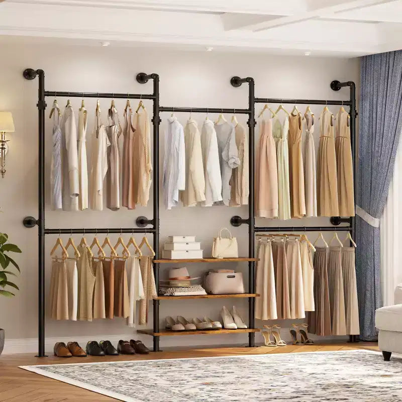 Besiost Industrial Pipe Clothing Rack, 7.3-10.9Ft Wall Mounted Closet System