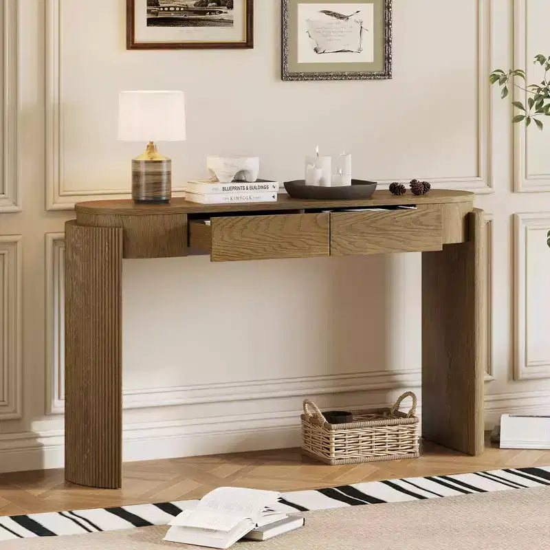 Oval-Top Console Table with Fluted Curved Legs & Dual Hidden Drawers