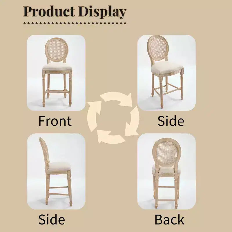French Country 26 Bar Chairs Set of 2, Upholstered Natural Rattan Round Back, Wire Drawing Carving, Beige