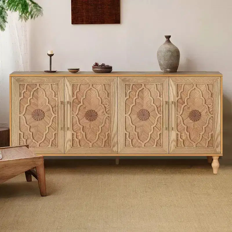 Large Storage Cabinet with Metal Handle, Carved Flower Doors, Wooden Mordern Sideboard Console with Adjustable Shelves