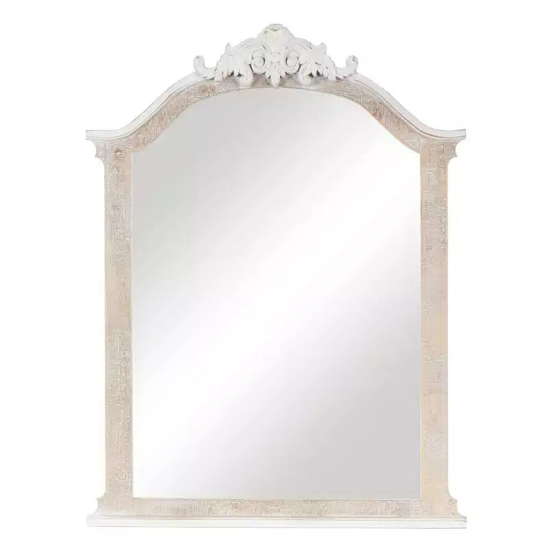 37"x28" Wooden Arched Scroll Wall Mirror with Brown Distressing Cream: No Assembly, Modern Decor