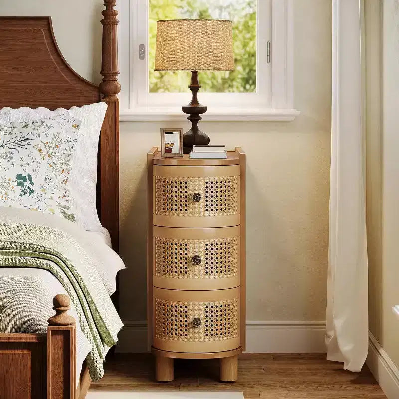 Lantine Solid Wood End Table with 3 Rattan Drawers and Exquisite Embossed Handles, No Assembly Required