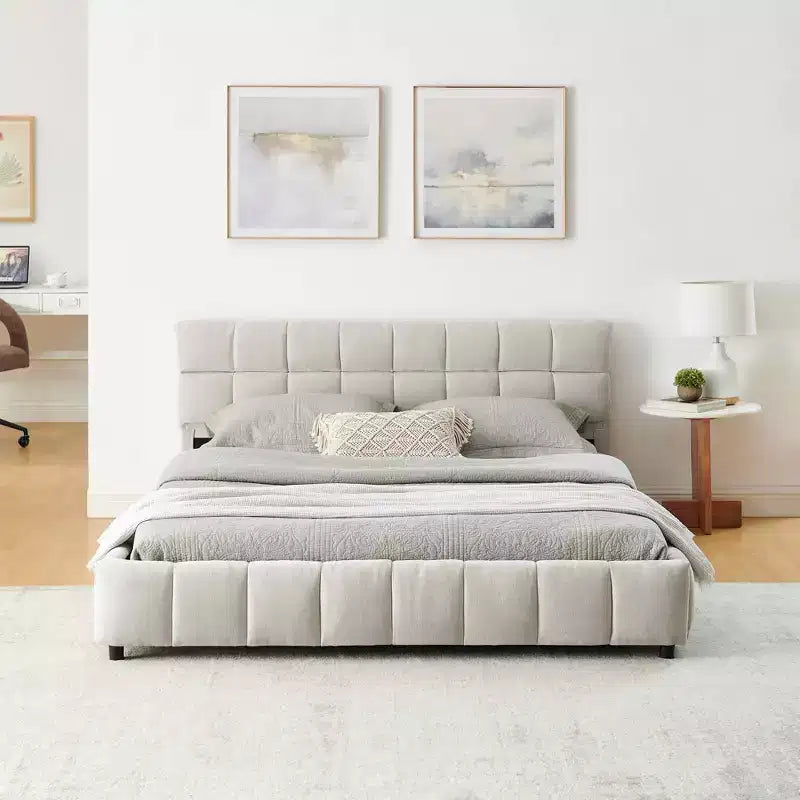 Queen Size Upholstered Bed with Headboard Chenille Fabric Solid Bed Frame Drawer for Bedroom, Beige