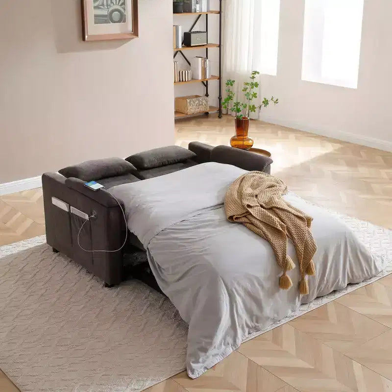 Convertible Sofa Bed Couch with Side Pockets & Adjustable Backrest, Velvet Upholstered Loveseat Sofa for Living Room, Bedroom