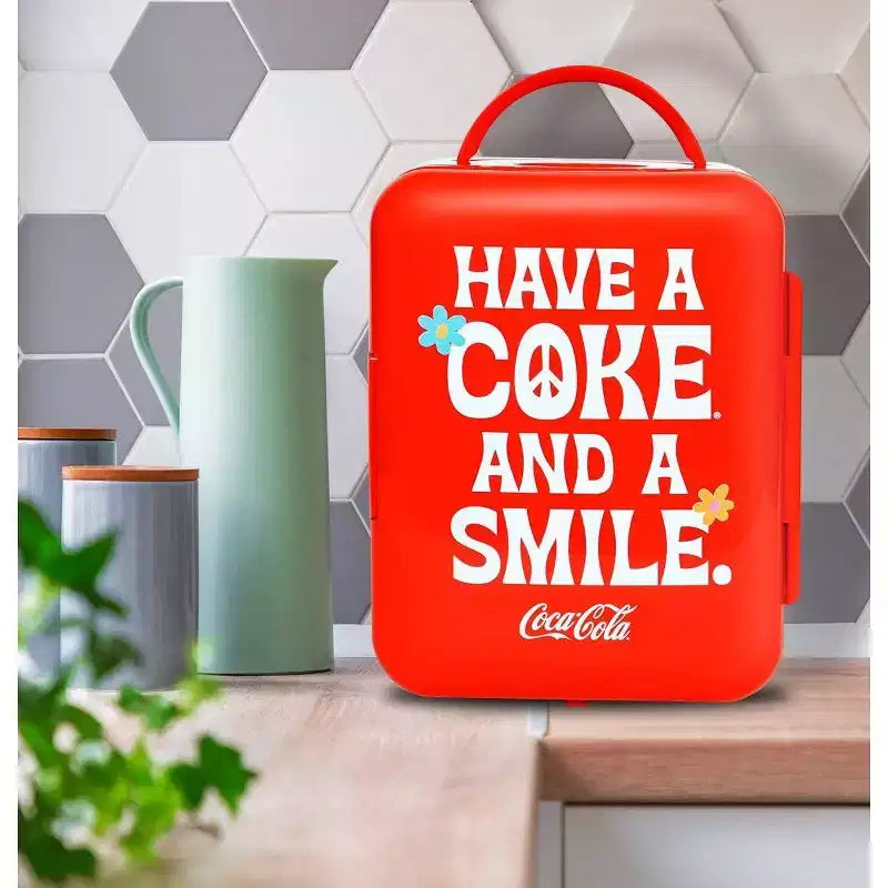 Coca-Cola Smile 1971 Series 4L Cooler/Warmer 12V DC 110V AC Mini Fridge: Dorm Beverage Refrigerator, 6 Can Capacity