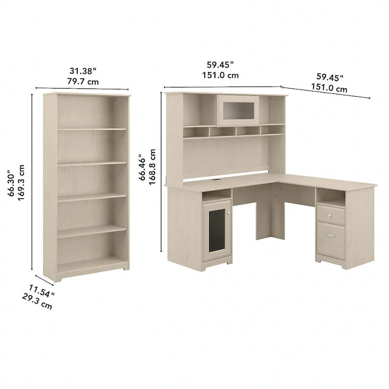 60" L-Shaped Computer Desk with Hutch, 5-Shelf Bookcase & File Drawer, 200 lb Desktop Capacity