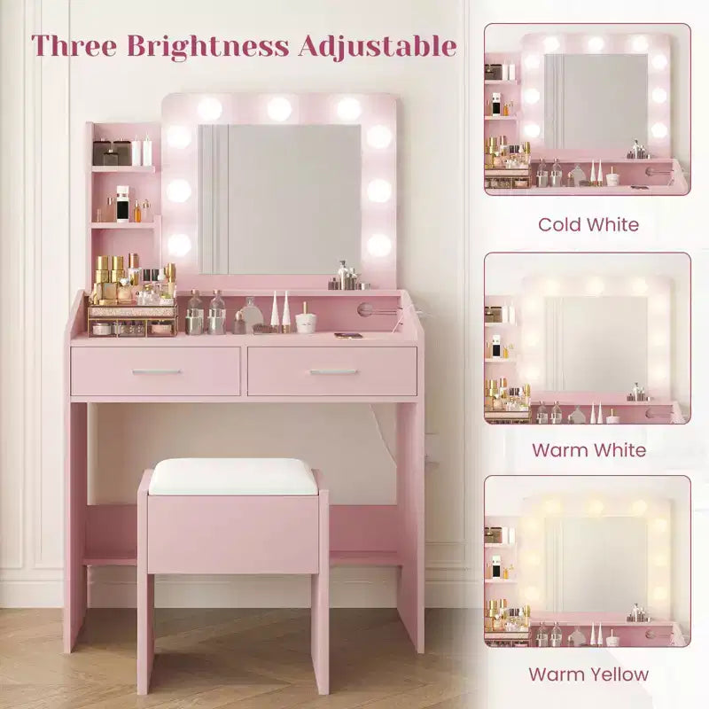 Vanity Desk with Mirror and Lights, Makeup Vanity with Power Outlet & Cushioned Stool, 3 Lighting Modes Adjustable Brightness, Dressing Table