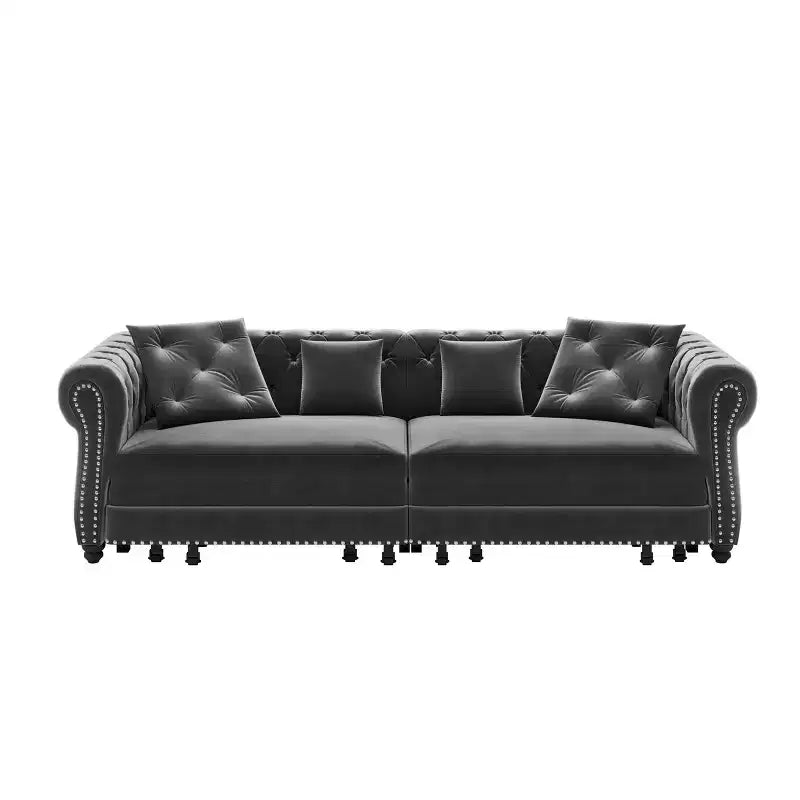 3-in-1 Pull-Out Sofa Bed, King Size Convertible Sleeper Sofa with Chaise & Movable Ottoman, Velvet Tufted 3-Seater Couch, Charcoal Gray