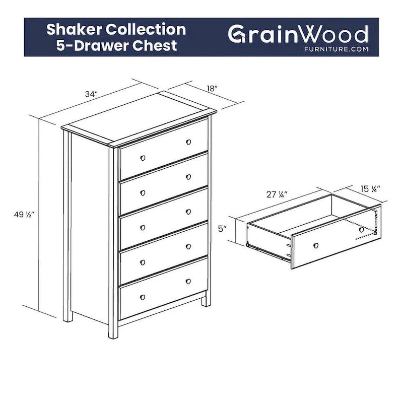 Grain Wood Furniture 5-drawer Solid Wood Chest